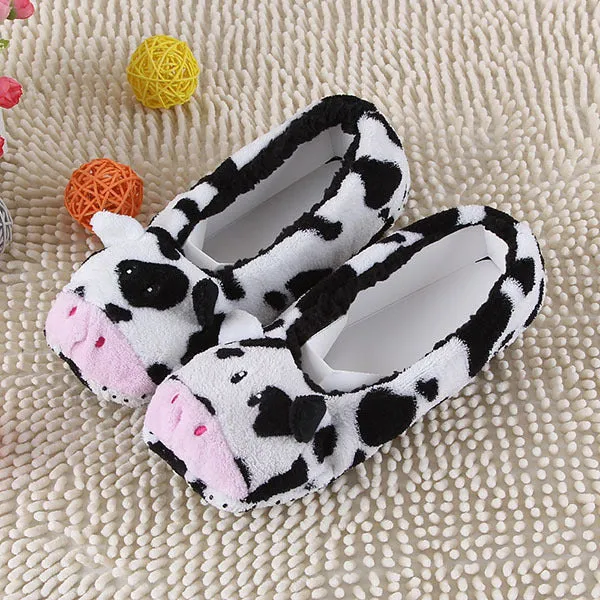 2018 New Warm Flats Soft Sole Women Indoor Floor Slippers/Shoes Animal Shape White Gray Cows Pink Flannel Home Slippers 6 Color