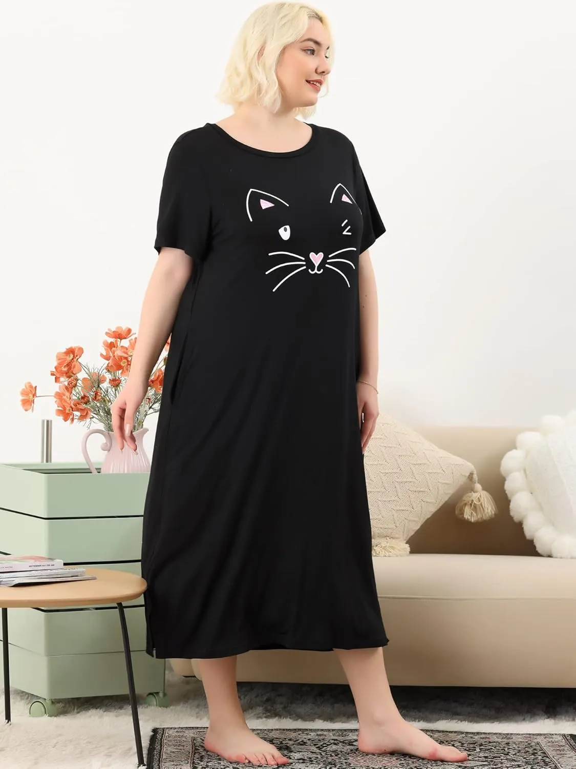 Agnes Orinda Women's Plus Size Nightgowns Pajama Soft Nightshirt Cute Cat Family Sleepdress with Pockets