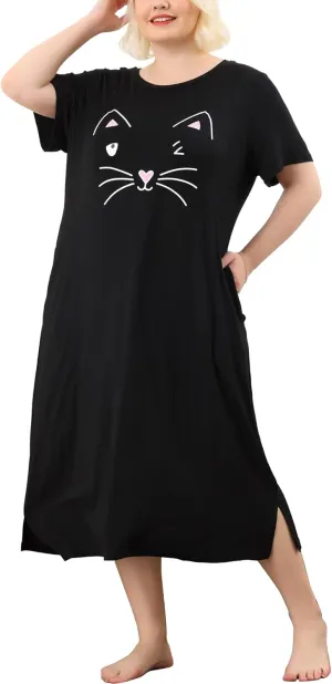Agnes Orinda Women's Plus Size Nightgowns Pajama Soft Nightshirt Cute Cat Family Sleepdress with Pockets