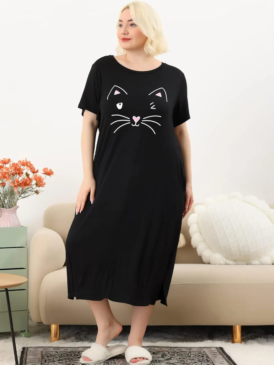 Agnes Orinda Women's Plus Size Nightgowns Pajama Soft Nightshirt Cute Cat Family Sleepdress with Pockets