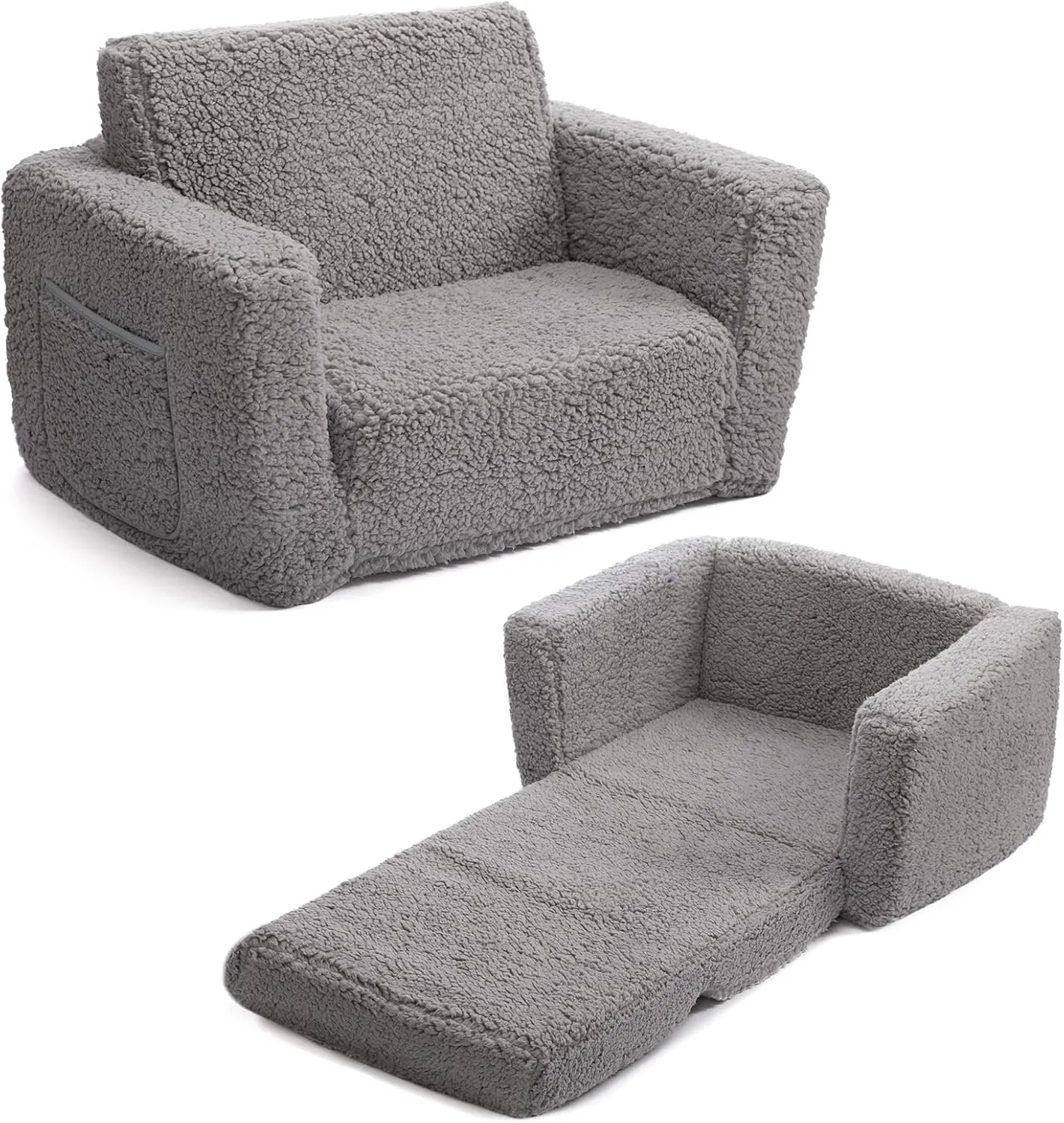 ALIMORDEN 2-in-1 Flip Out Cuddly Sherpa Toddler Couch, Convertible Sofa to Lounger, Grey