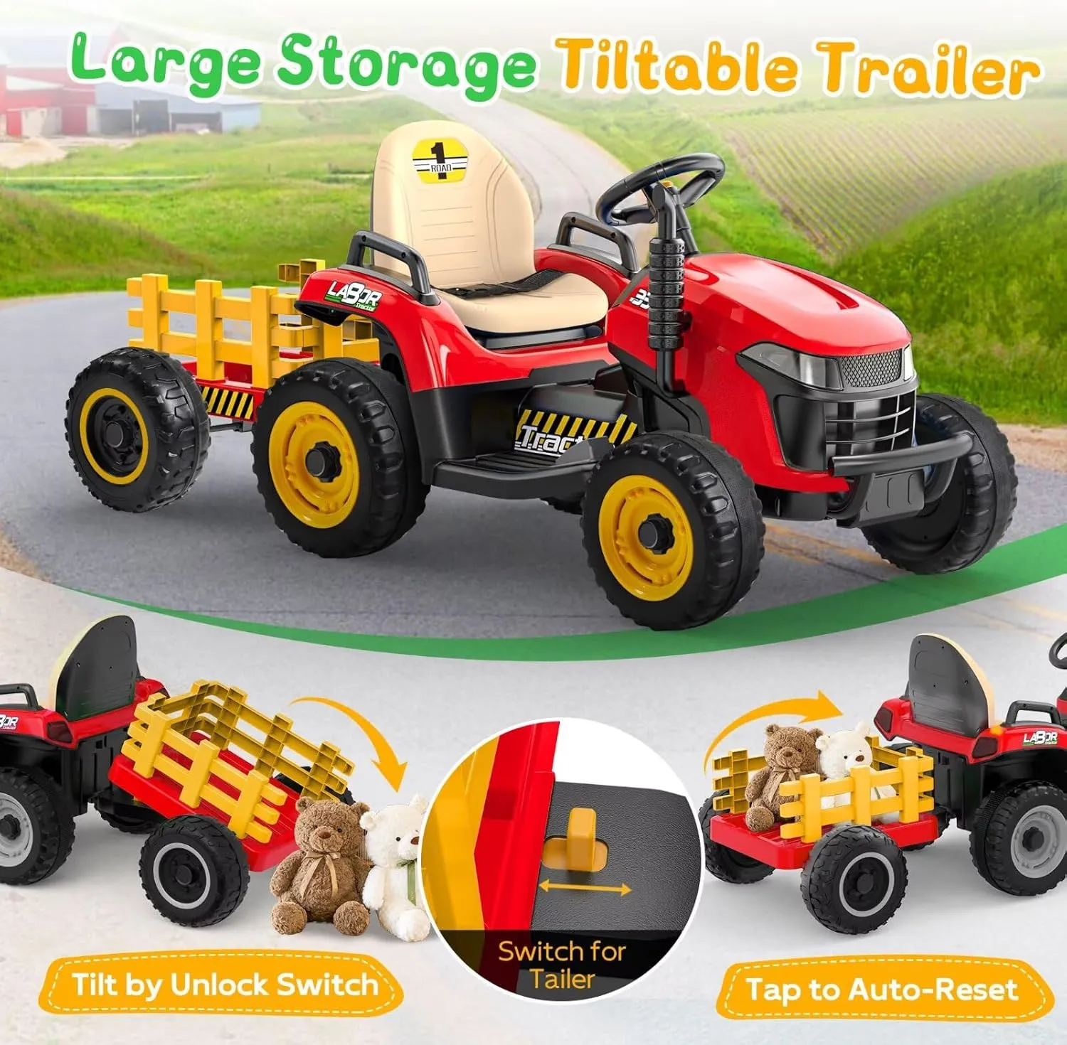 ANPABO 24V Ride On Tractor w/Tiltable & Detachable Trailer, EVA Tires, Up to 4.3Mph, Ride On Toys with Parental Remote, Realistic Tractor Sound & Chimney, Music Player, LED Light, Red