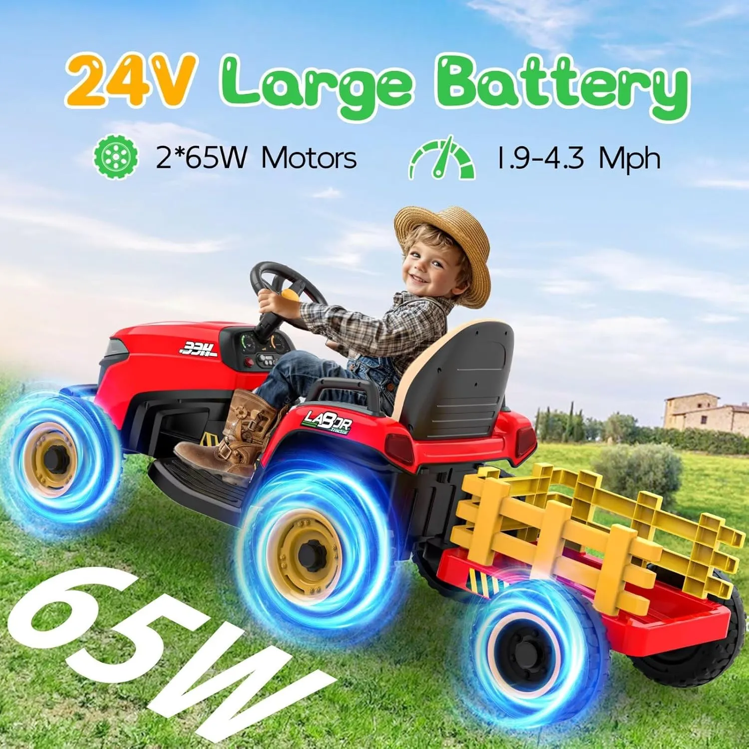 ANPABO 24V Ride On Tractor w/Tiltable & Detachable Trailer, EVA Tires, Up to 4.3Mph, Ride On Toys with Parental Remote, Realistic Tractor Sound & Chimney, Music Player, LED Light, Red