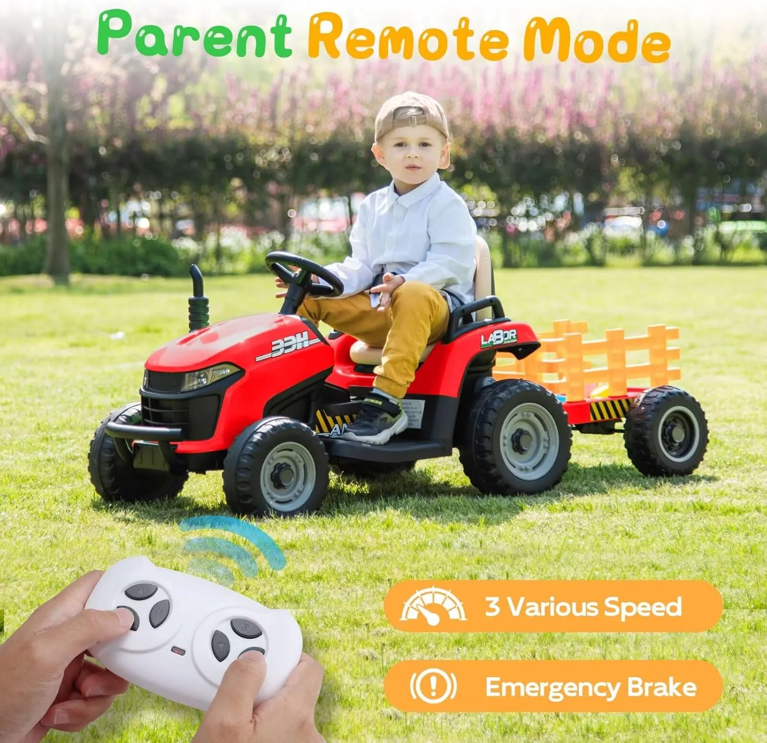 ANPABO 24V Ride On Tractor w/Tiltable & Detachable Trailer, EVA Tires, Up to 4.3Mph, Ride On Toys with Parental Remote, Realistic Tractor Sound & Chimney, Music Player, LED Light, Red