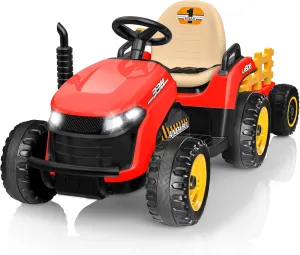 ANPABO 24V Ride On Tractor w/Tiltable & Detachable Trailer, EVA Tires, Up to 4.3Mph, Ride On Toys with Parental Remote, Realistic Tractor Sound & Chimney, Music Player, LED Light, Red