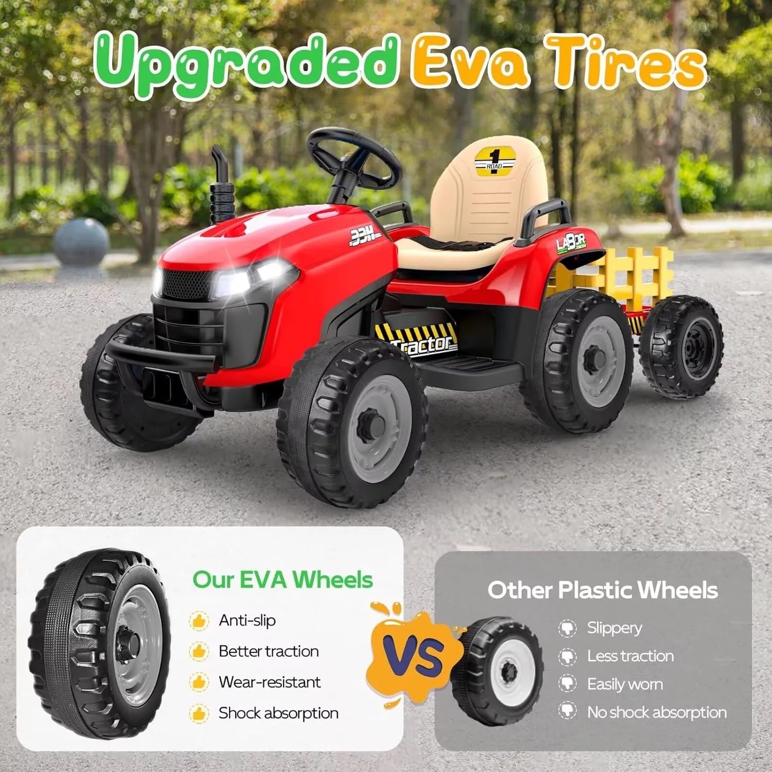 ANPABO 24V Ride On Tractor w/Tiltable & Detachable Trailer, EVA Tires, Up to 4.3Mph, Ride On Toys with Parental Remote, Realistic Tractor Sound & Chimney, Music Player, LED Light, Red