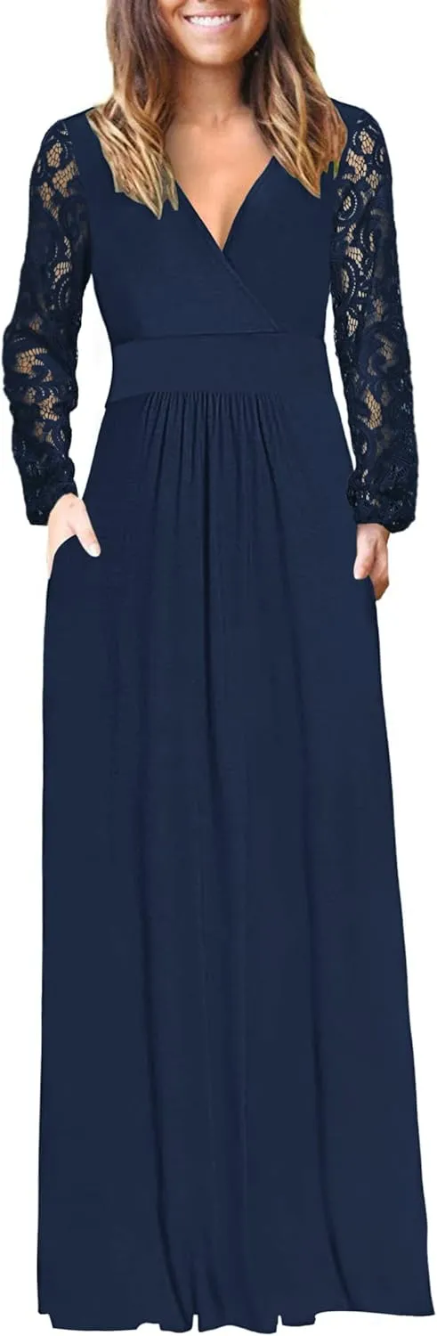 AUSELILY Womens Long Sleeve Maxi Dress 2025 Fall Lace Sleeve Dress V Neck Wrap Waist Long Dresses with Pockets