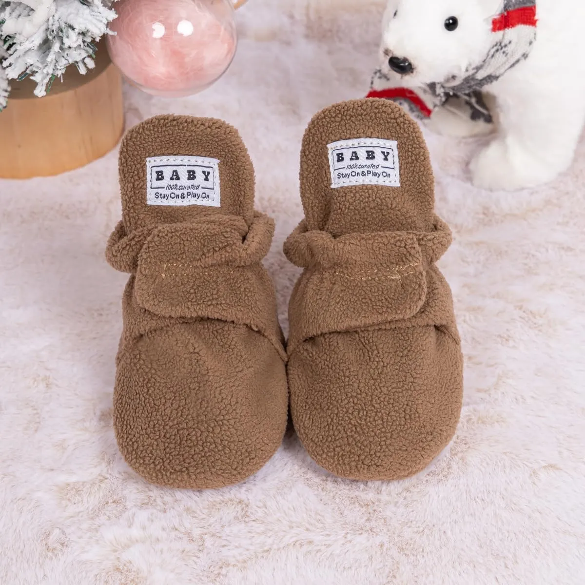 Babelvit Newborn Baby Boy Girl Soft Fleece Booties Stay On Infant Slippers Socks Shoe Non Skid Gripper Toddler First Walkers Winter Ankle Crib Shoes