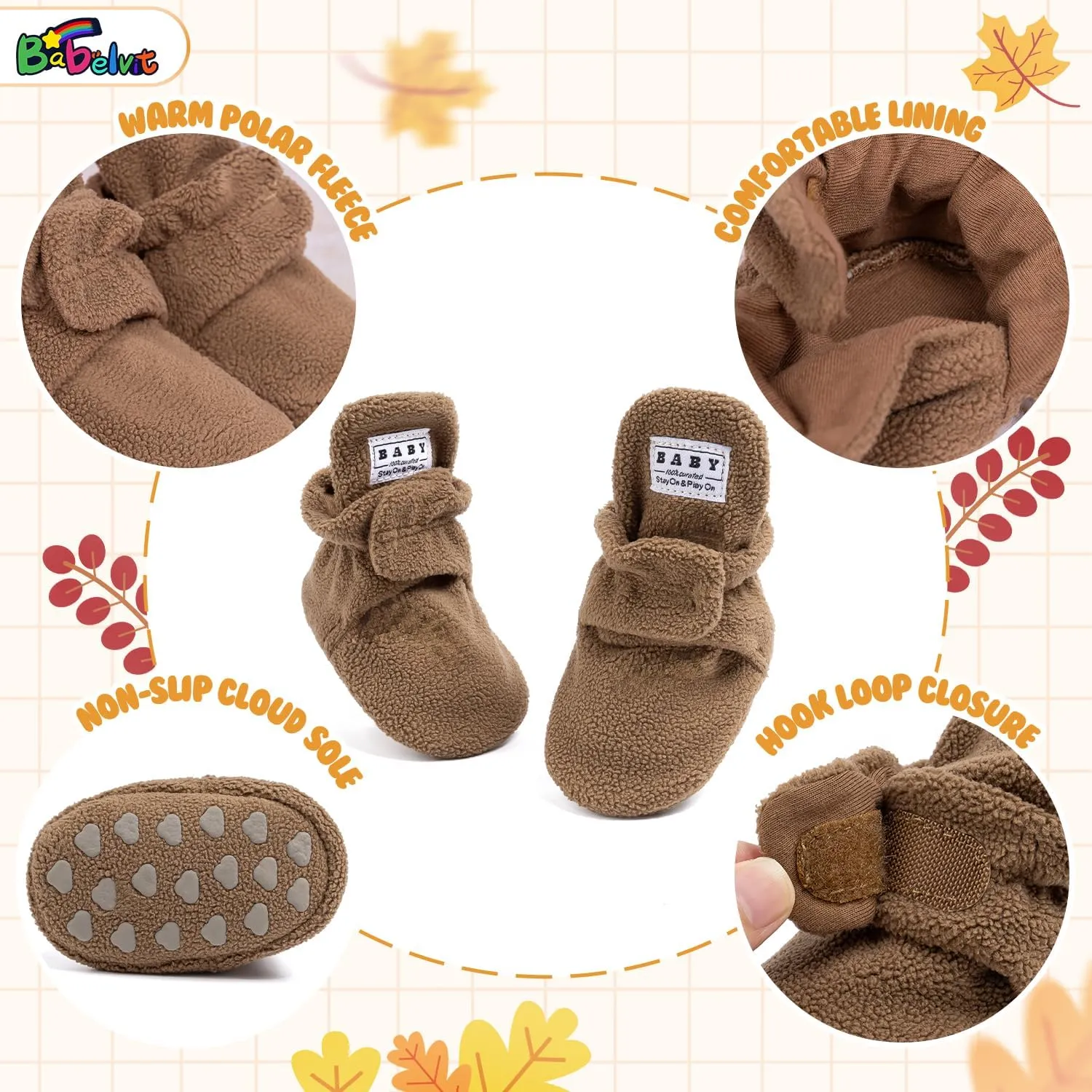 Babelvit Newborn Baby Boy Girl Soft Fleece Booties Stay On Infant Slippers Socks Shoe Non Skid Gripper Toddler First Walkers Winter Ankle Crib Shoes