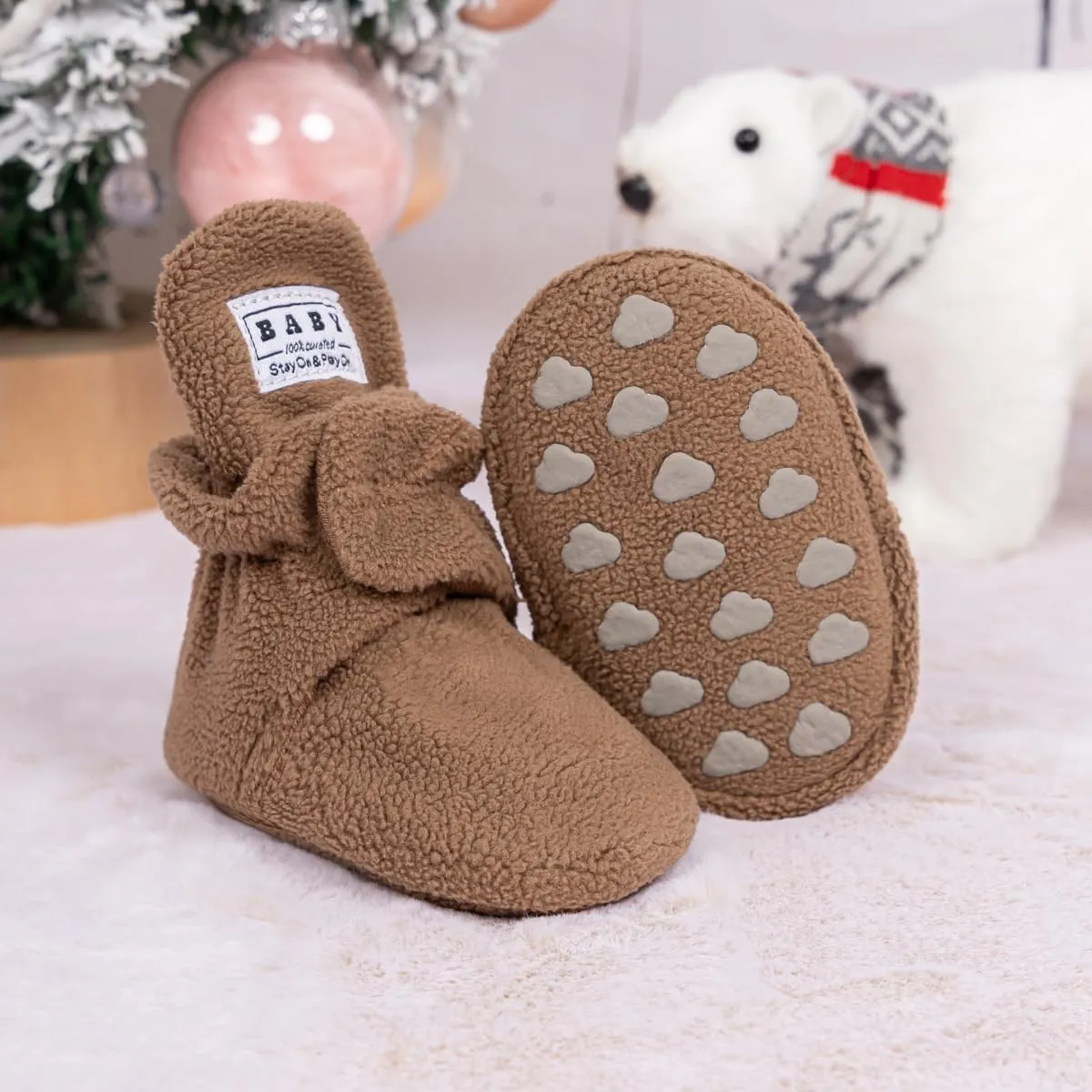 Babelvit Newborn Baby Boy Girl Soft Fleece Booties Stay On Infant Slippers Socks Shoe Non Skid Gripper Toddler First Walkers Winter Ankle Crib Shoes