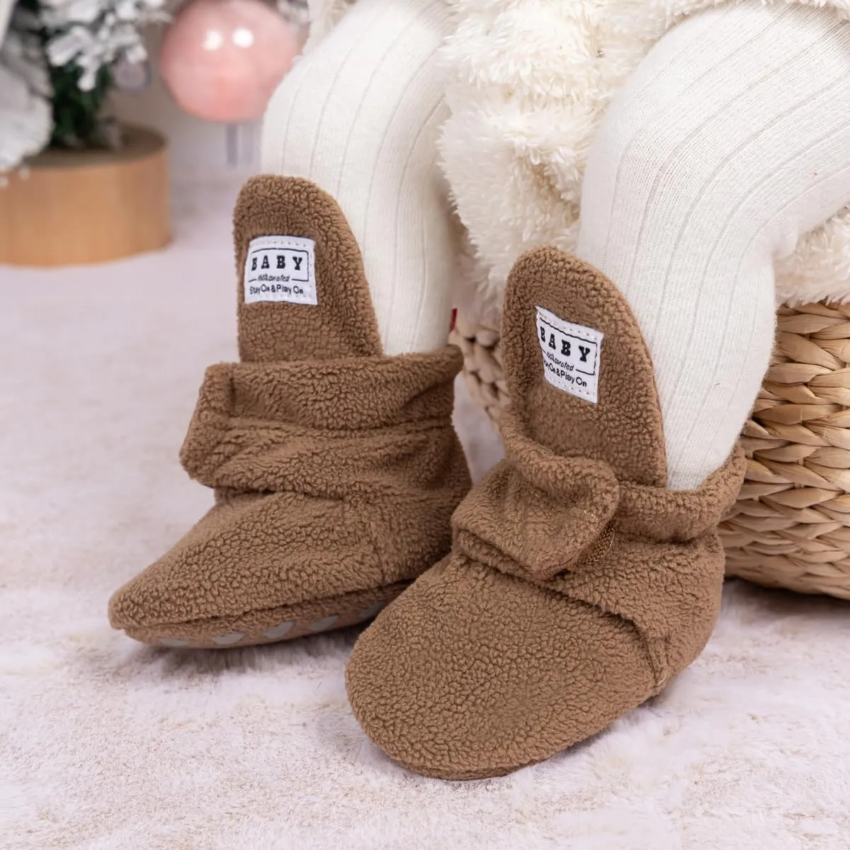 Babelvit Newborn Baby Boy Girl Soft Fleece Booties Stay On Infant Slippers Socks Shoe Non Skid Gripper Toddler First Walkers Winter Ankle Crib Shoes