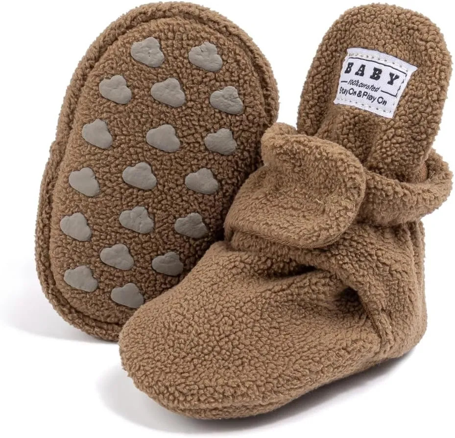 Babelvit Newborn Baby Boy Girl Soft Fleece Booties Stay On Infant Slippers Socks Shoe Non Skid Gripper Toddler First Walkers Winter Ankle Crib Shoes