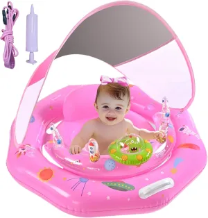 Baby Pool Float with Canopy UPF50  Sun Protection, Inflatable Infant Pool Float with Adjustable Safety Seat & Toy Play Console，Baby Floatie for 6-36 Months Boys & Girls，Safety Handles & Leashes（Pink）