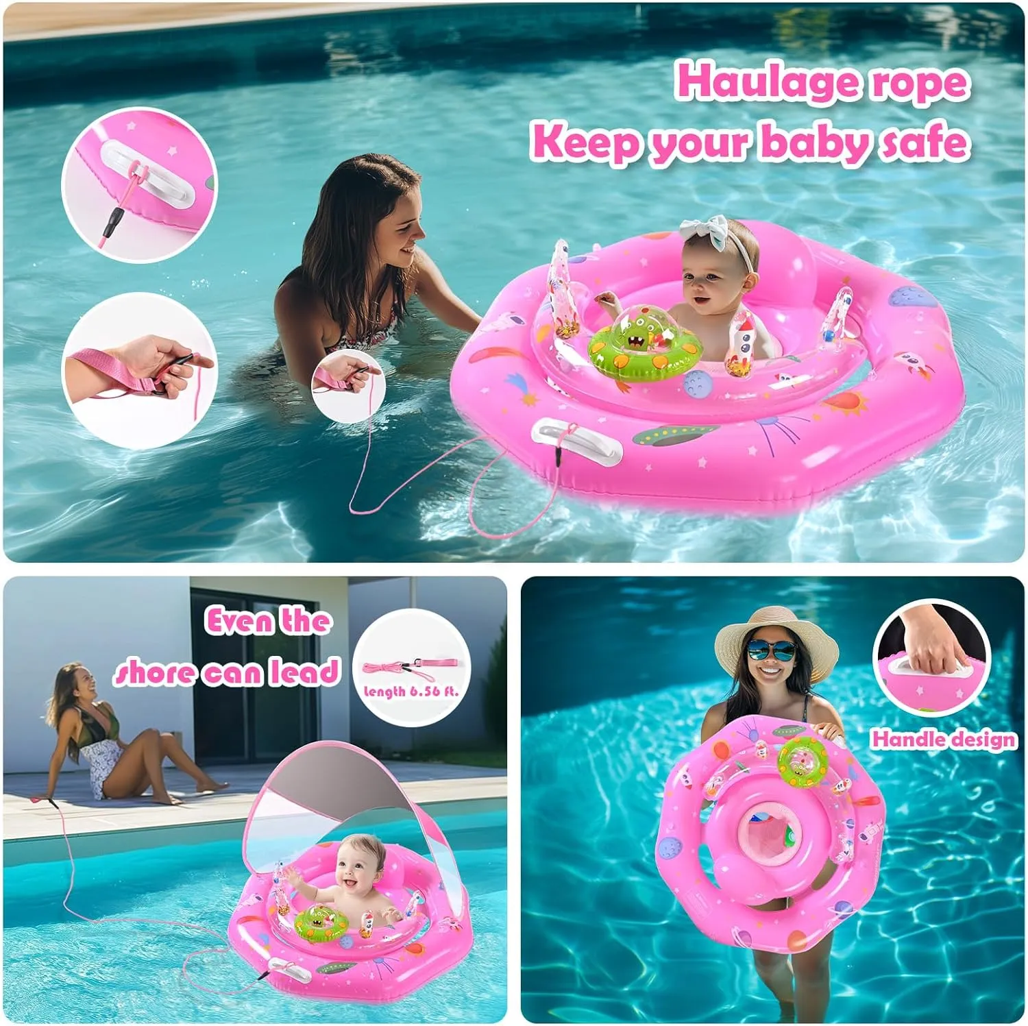 Baby Pool Float with Canopy UPF50  Sun Protection, Inflatable Infant Pool Float with Adjustable Safety Seat & Toy Play Console，Baby Floatie for 6-36 Months Boys & Girls，Safety Handles & Leashes（Pink）