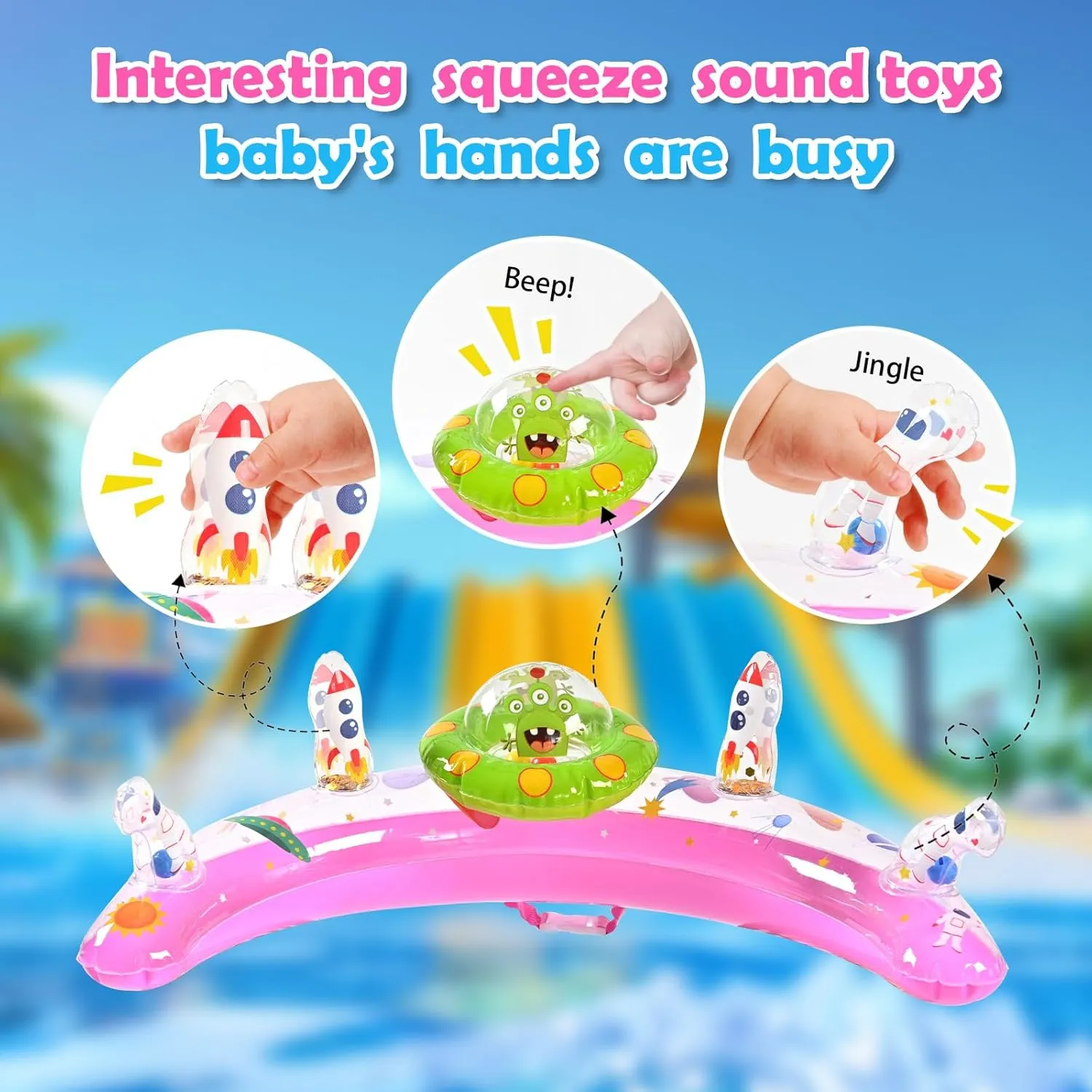 Baby Pool Float with Canopy UPF50  Sun Protection, Inflatable Infant Pool Float with Adjustable Safety Seat & Toy Play Console，Baby Floatie for 6-36 Months Boys & Girls，Safety Handles & Leashes（Pink）