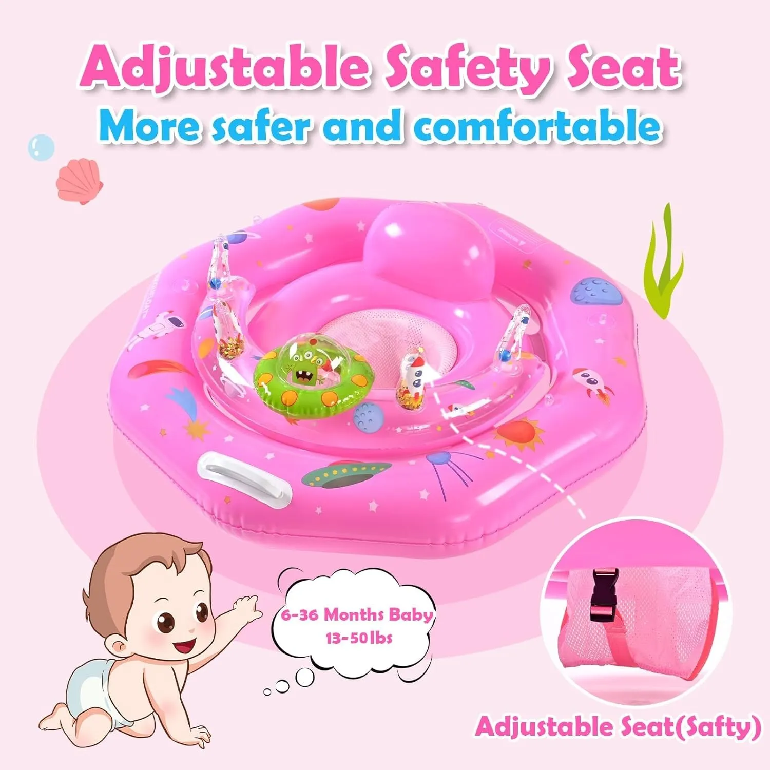 Baby Pool Float with Canopy UPF50  Sun Protection, Inflatable Infant Pool Float with Adjustable Safety Seat & Toy Play Console，Baby Floatie for 6-36 Months Boys & Girls，Safety Handles & Leashes（Pink）