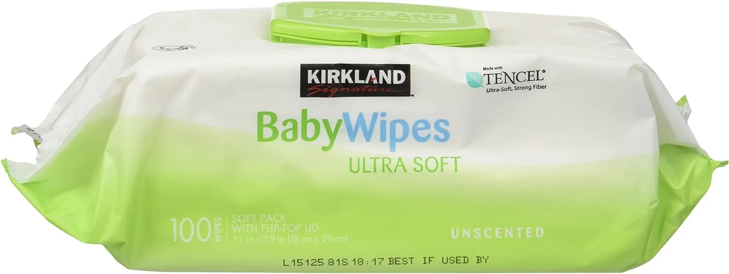 Baby Wipes Unscented Ultra Soft by Kirkland with Flip top Lid, 100 Count (Pack of 3)