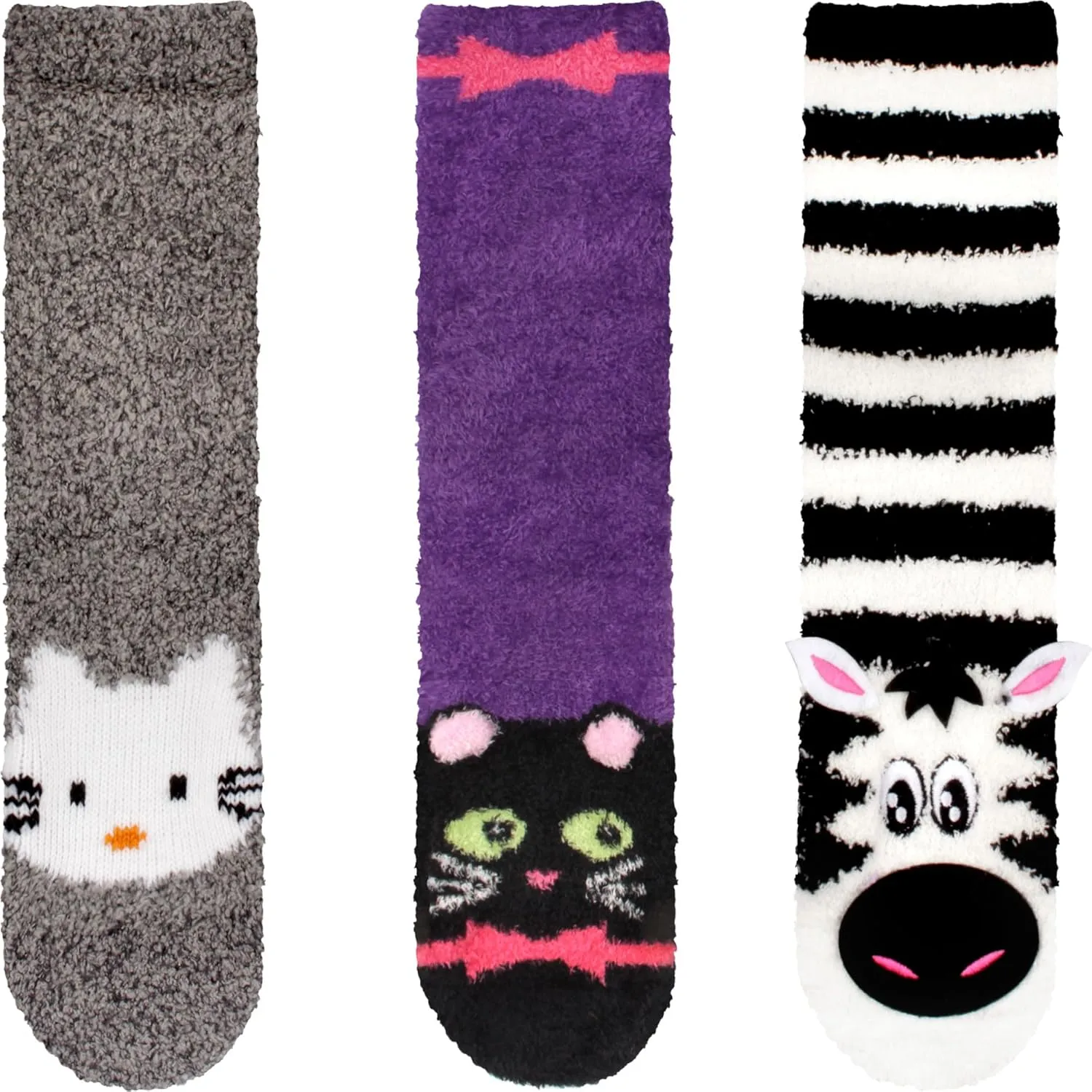 BambooMN Super Soft Warm Cute Animal Face Non-Slip Fuzzy Crew Winter Home Socks, Value Pack