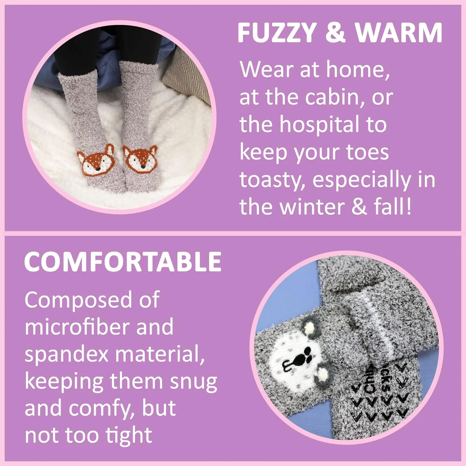 BambooMN Super Soft Warm Cute Animal Face Non-Slip Fuzzy Crew Winter Home Socks, Value Pack