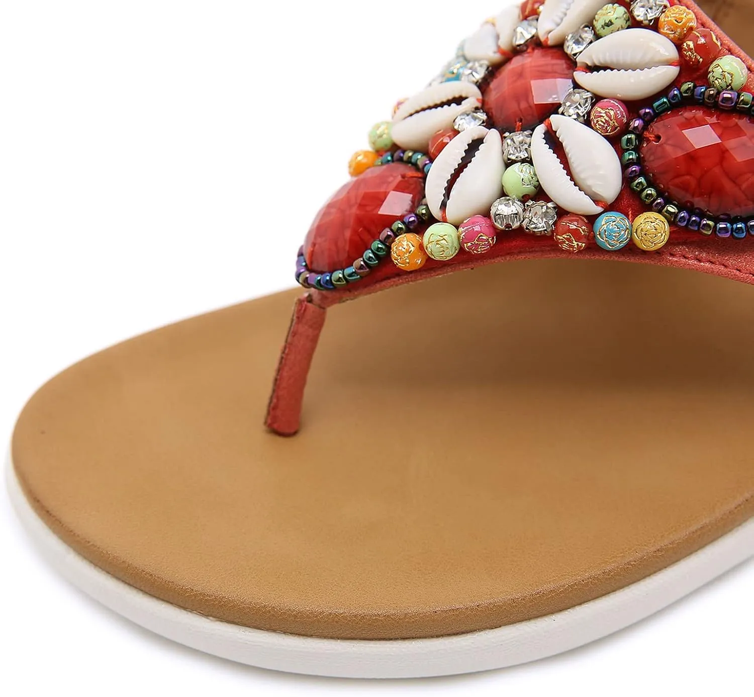 Boho Sandals for Women Wedge Clip Toe Slip-on Flip Flops Summer Ethnic Style Thong Slippers Vintage Comfy Beaded Shells Beach Shoes Slide Sandals