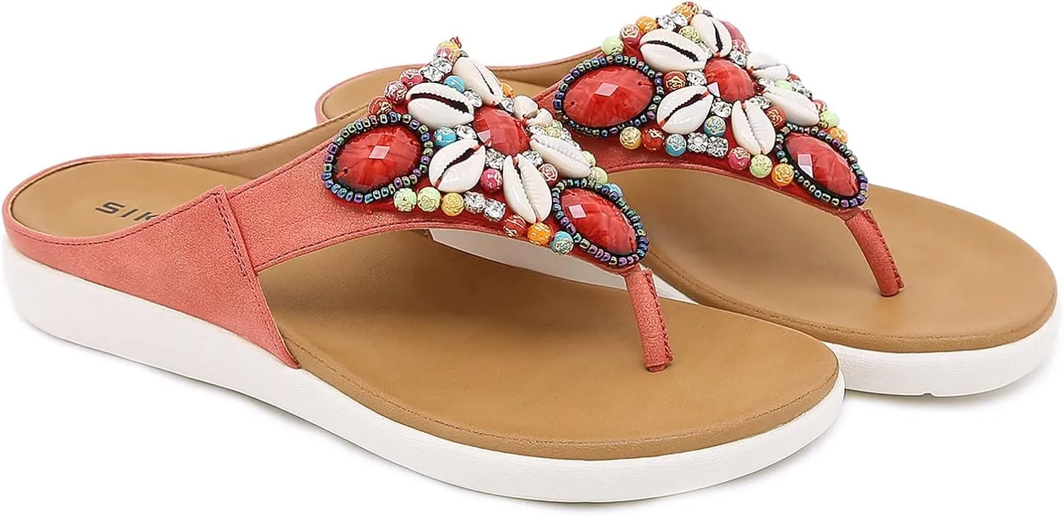 Boho Sandals for Women Wedge Clip Toe Slip-on Flip Flops Summer Ethnic Style Thong Slippers Vintage Comfy Beaded Shells Beach Shoes Slide Sandals