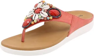 Boho Sandals for Women Wedge Clip Toe Slip-on Flip Flops Summer Ethnic Style Thong Slippers Vintage Comfy Beaded Shells Beach Shoes Slide Sandals