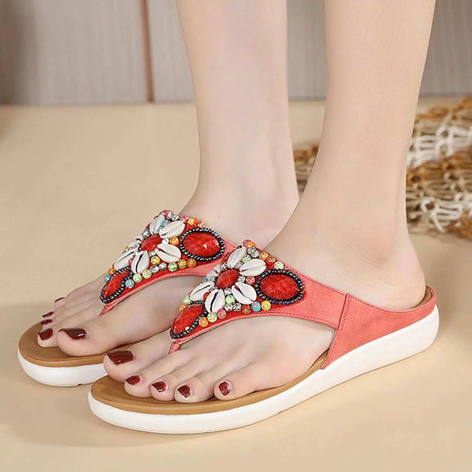 Boho Sandals for Women Wedge Clip Toe Slip-on Flip Flops Summer Ethnic Style Thong Slippers Vintage Comfy Beaded Shells Beach Shoes Slide Sandals
