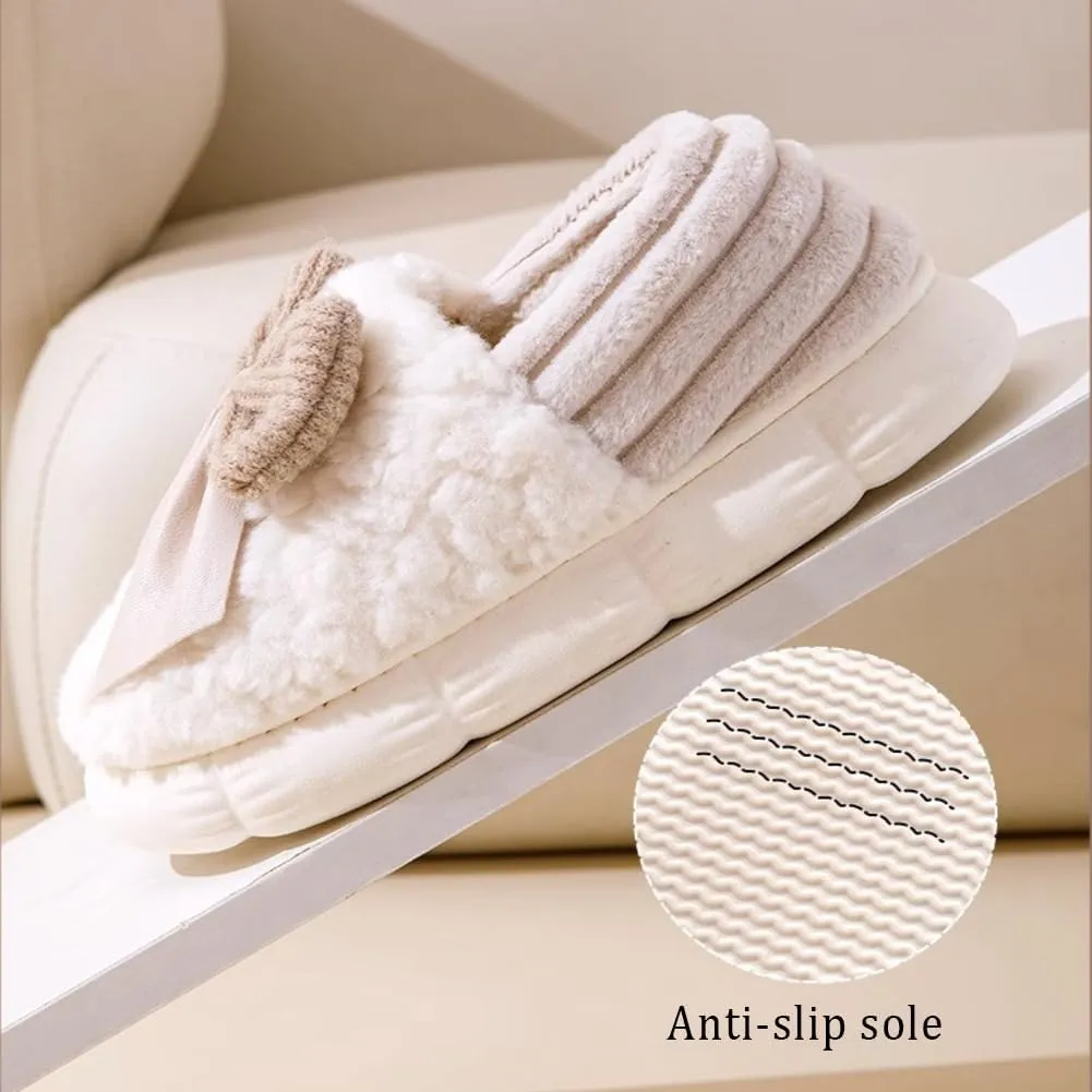 Bow Slippers for Women, Cute Cartoon Fluffy Warm Slippers with Bow, Winter Cozy House Slippers Plush Indoor Outdoor Shoes