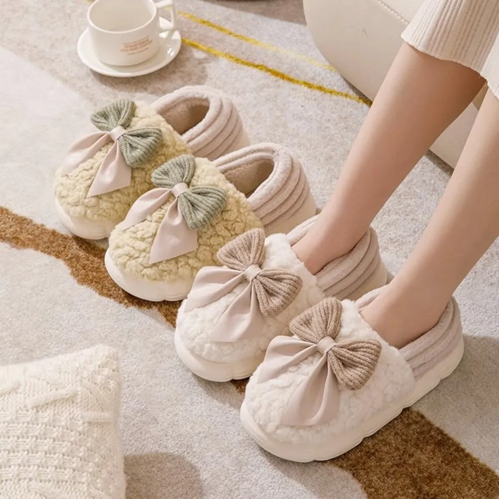 Bow Slippers for Women, Cute Cartoon Fluffy Warm Slippers with Bow, Winter Cozy House Slippers Plush Indoor Outdoor Shoes