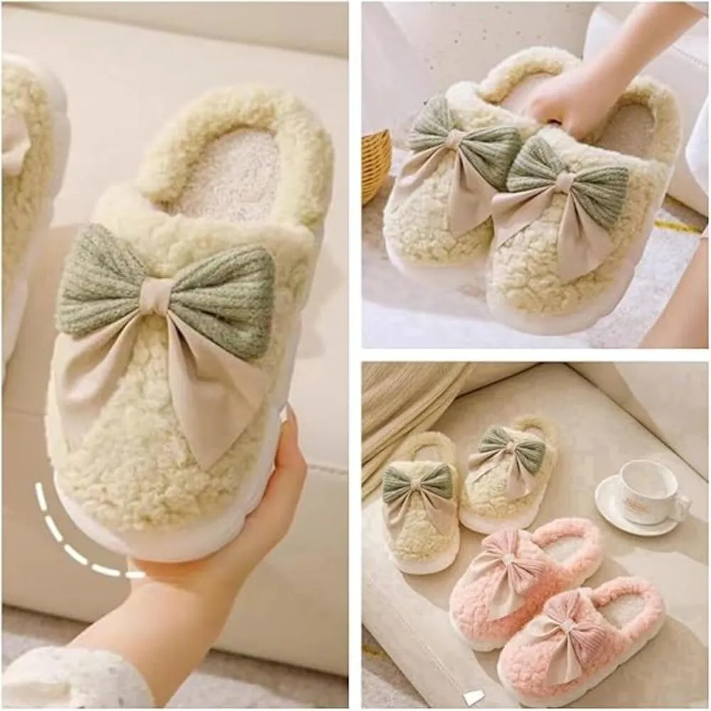 Bow Slippers for Women, Cute Cartoon Fluffy Warm Slippers with Bow, Winter Cozy House Slippers Plush Indoor Outdoor Shoes
