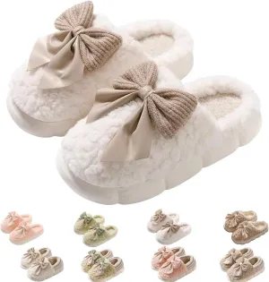 Bow Slippers for Women, Cute Cartoon Fluffy Warm Slippers with Bow, Winter Cozy House Slippers Plush Indoor Outdoor Shoes