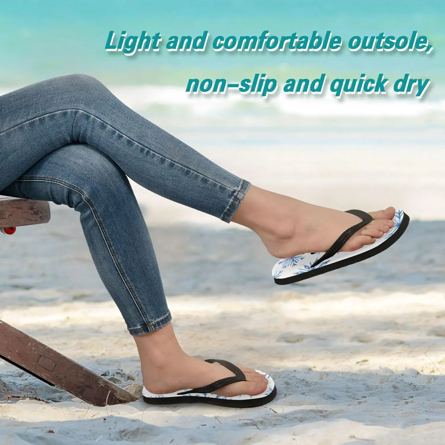 Casual Women's Slim Flip Flops - Ombre Blue Snowflake Summer Thong Flat Sandals Rubber Slide Slippers Shower Shoes