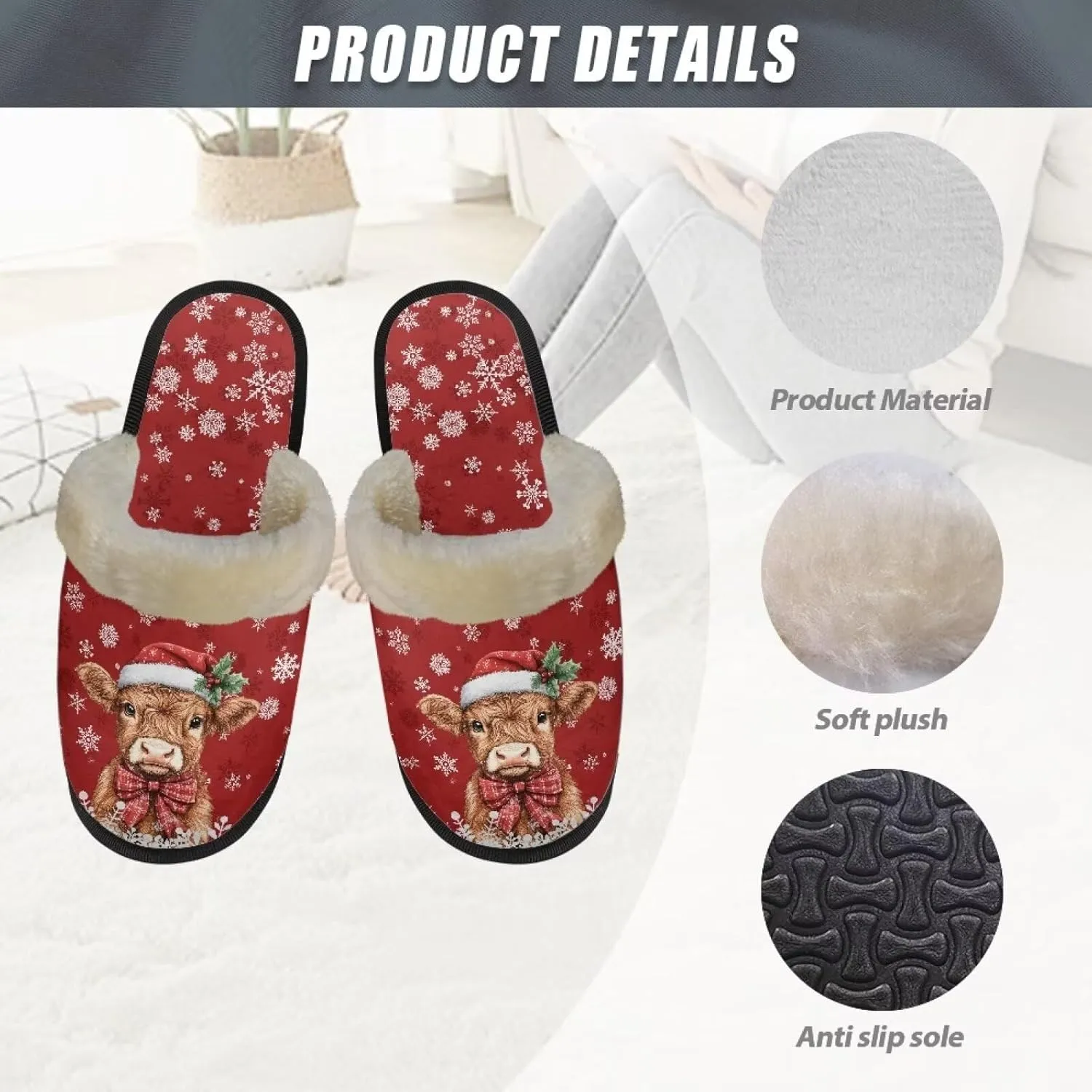 Christmas Slippers Soft Cushion Fuzzy Slippers for Women Indoor Cute Warm Anti-Slip Bedroom Slippers for Kids