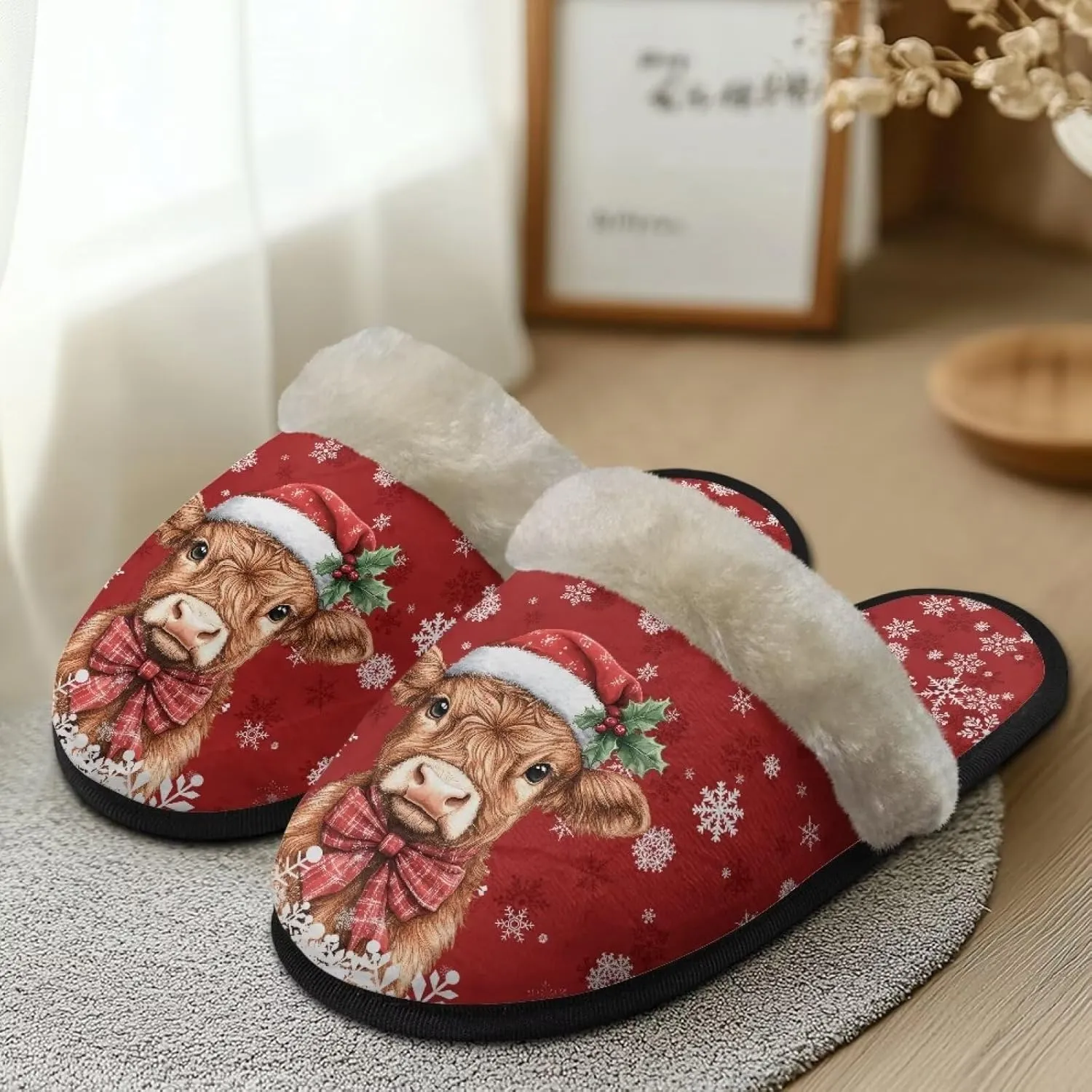 Christmas Slippers Soft Cushion Fuzzy Slippers for Women Indoor Cute Warm Anti-Slip Bedroom Slippers for Kids