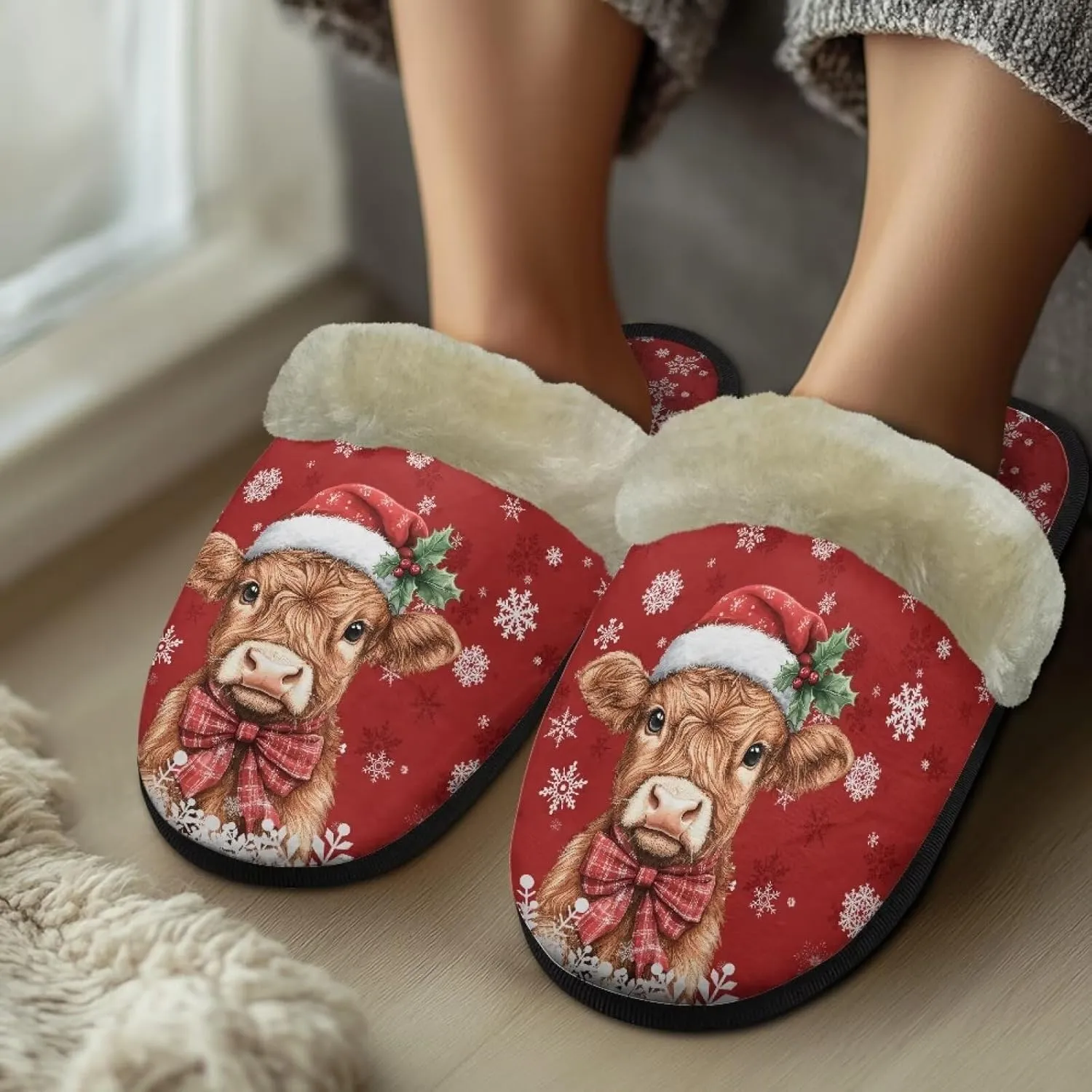 Christmas Slippers Soft Cushion Fuzzy Slippers for Women Indoor Cute Warm Anti-Slip Bedroom Slippers for Kids