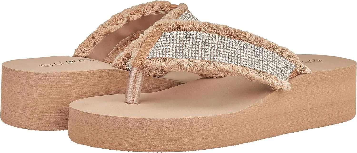CLOVERLAY Women's Platform Flip Flops Rhinestone Glitter Sandals High Wedge Sandal