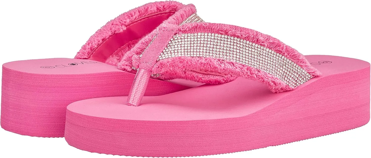 CLOVERLAY Women's Platform Flip Flops Rhinestone Glitter Sandals High Wedge Sandal
