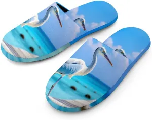 Coastal Stork Crane Men's Cotton Slippers Casual House Shoes Non-Slip Closed Toe House Shoes for Indoor Outdoor