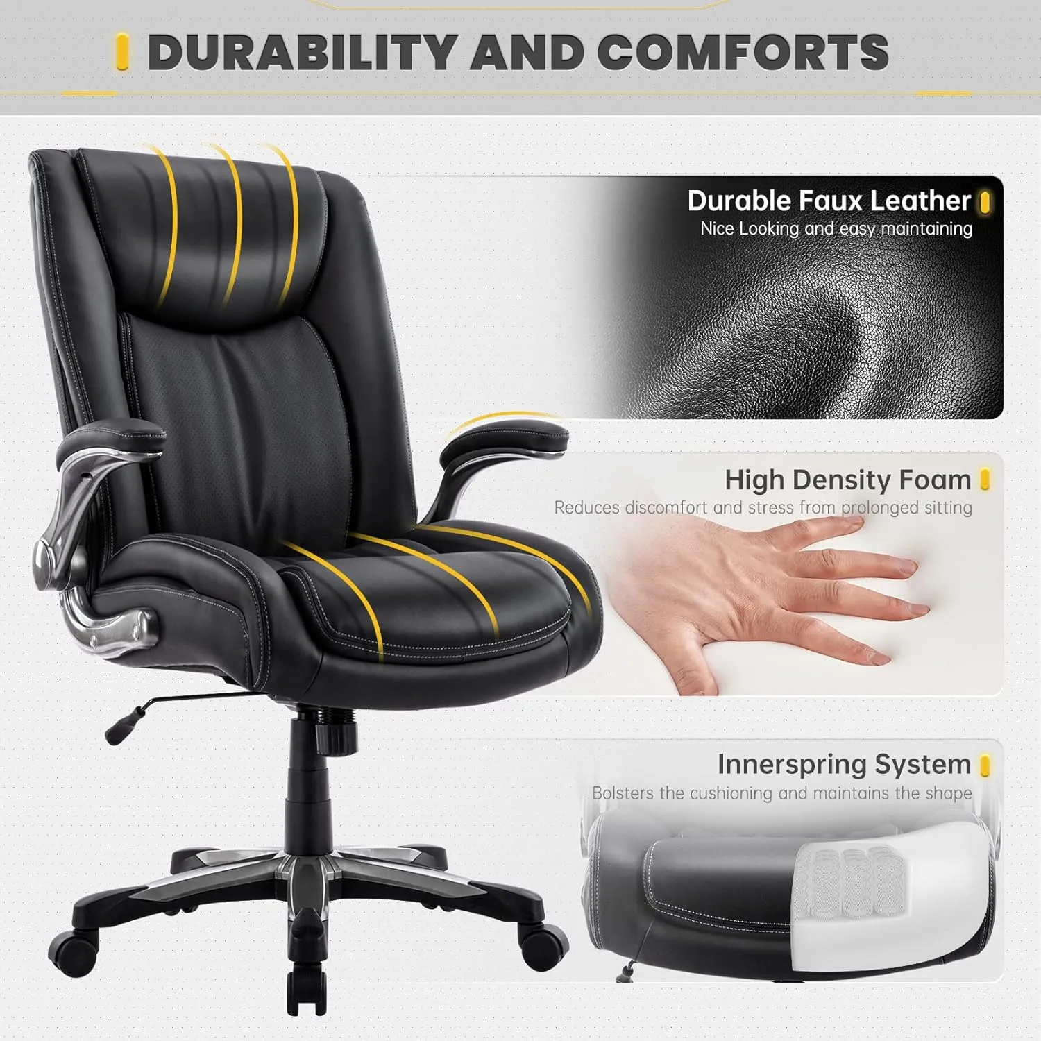 COLAMY High Back Executive Office Chair 400lbs, Large Heavy Duty Big and Tall Computer Office Desk Chair Flip-up Arms Wide Thick Seat for Home Office - Black