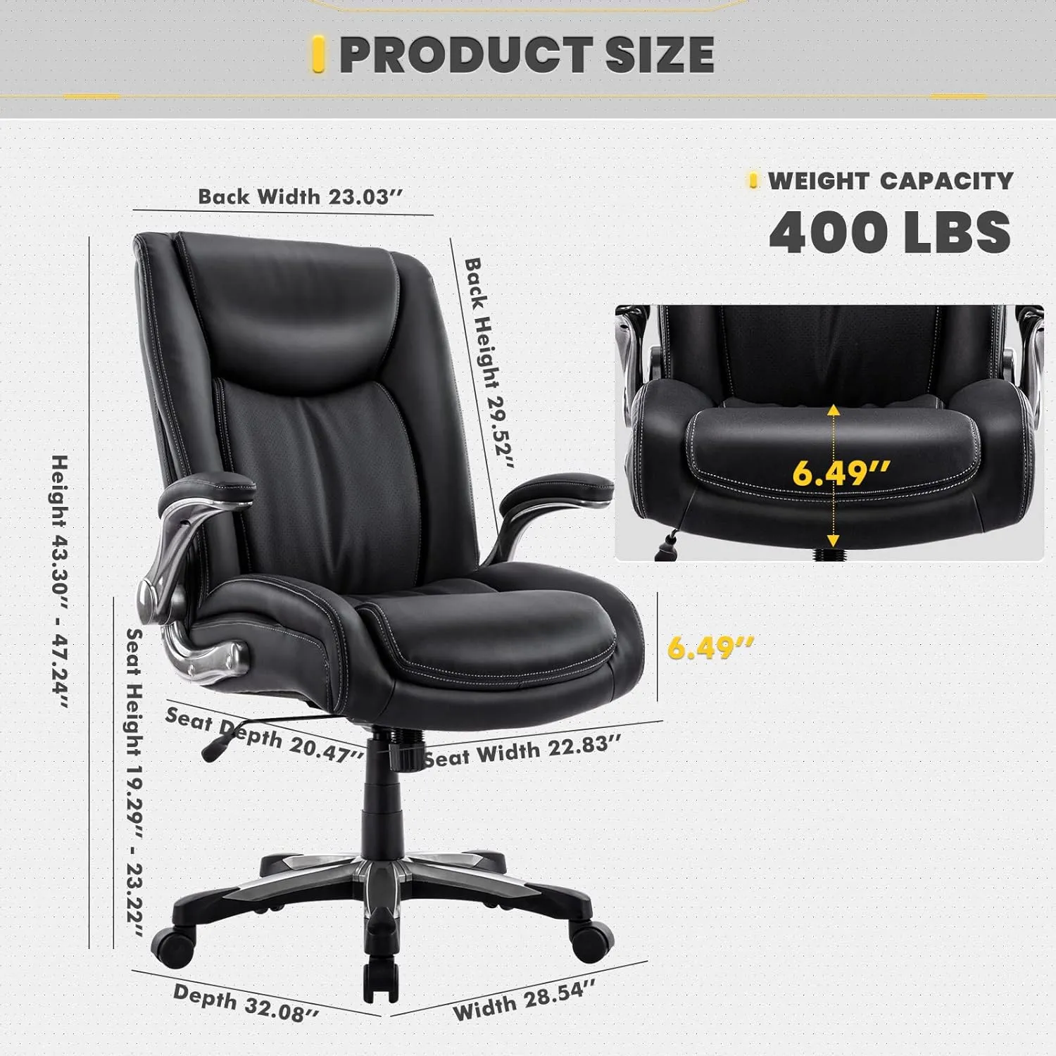 COLAMY High Back Executive Office Chair 400lbs, Large Heavy Duty Big and Tall Computer Office Desk Chair Flip-up Arms Wide Thick Seat for Home Office - Black