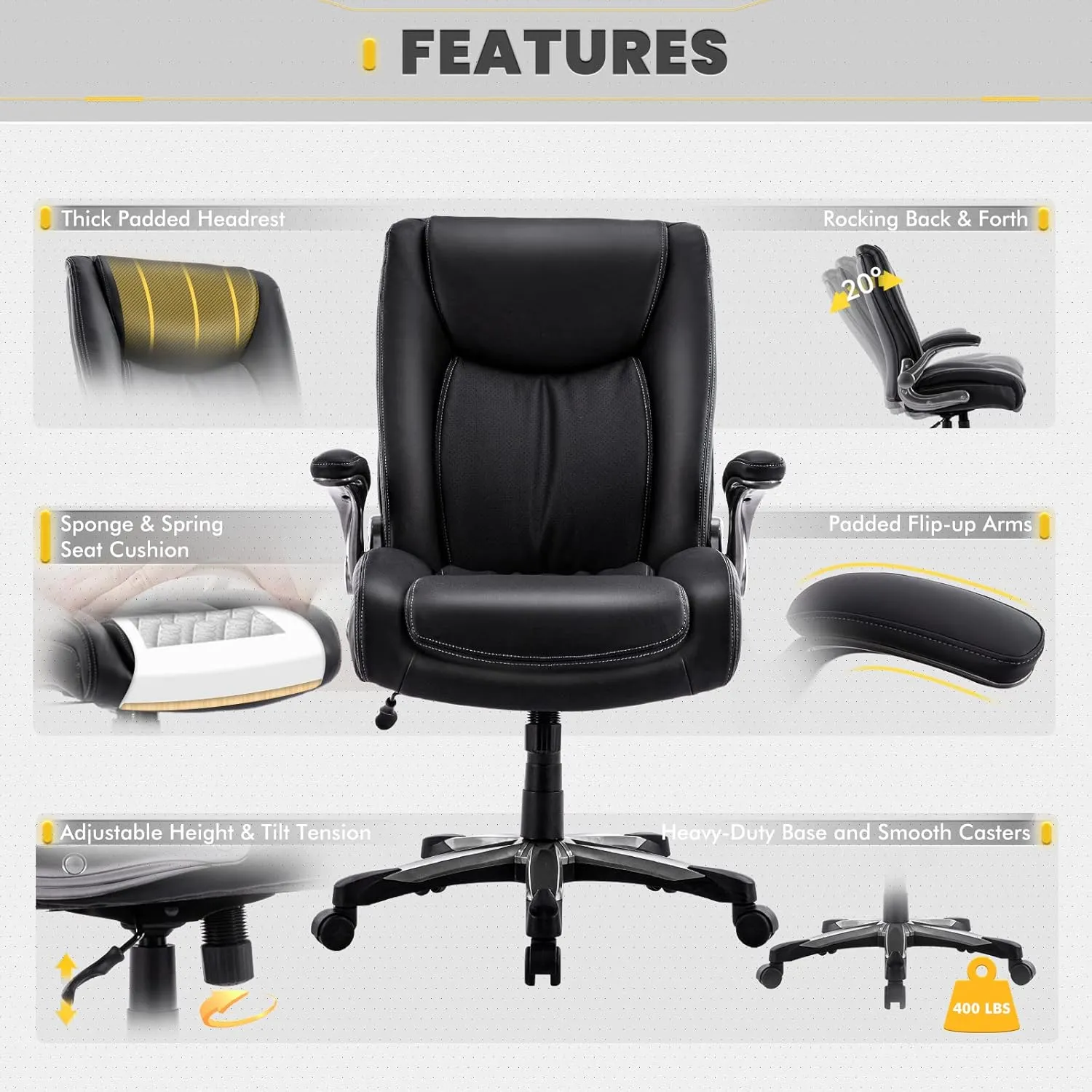COLAMY High Back Executive Office Chair 400lbs, Large Heavy Duty Big and Tall Computer Office Desk Chair Flip-up Arms Wide Thick Seat for Home Office - Black