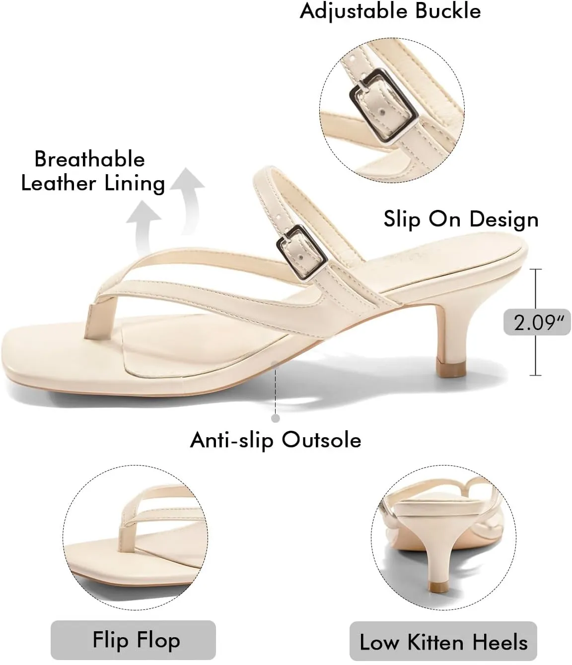 Coutgo Womens Strappy Kitten Heels Flip Flops Square Open Toe Low Heels Fashion Party Dress Thong Heeled Sandals