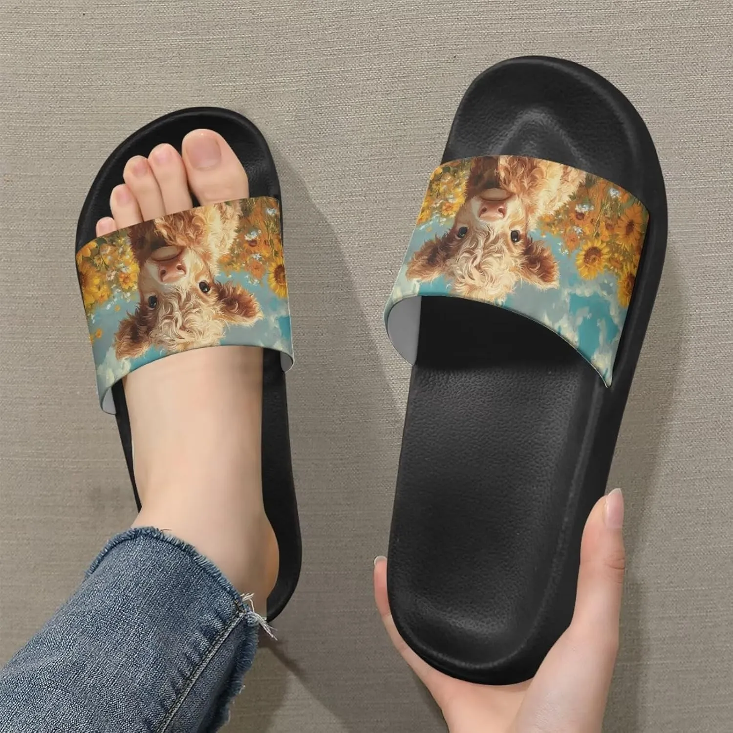 Cow Slippers Slip On Womens Flats Sandals Summer Beach Sandal for Lady Comfort Soft Footbed House Slipper