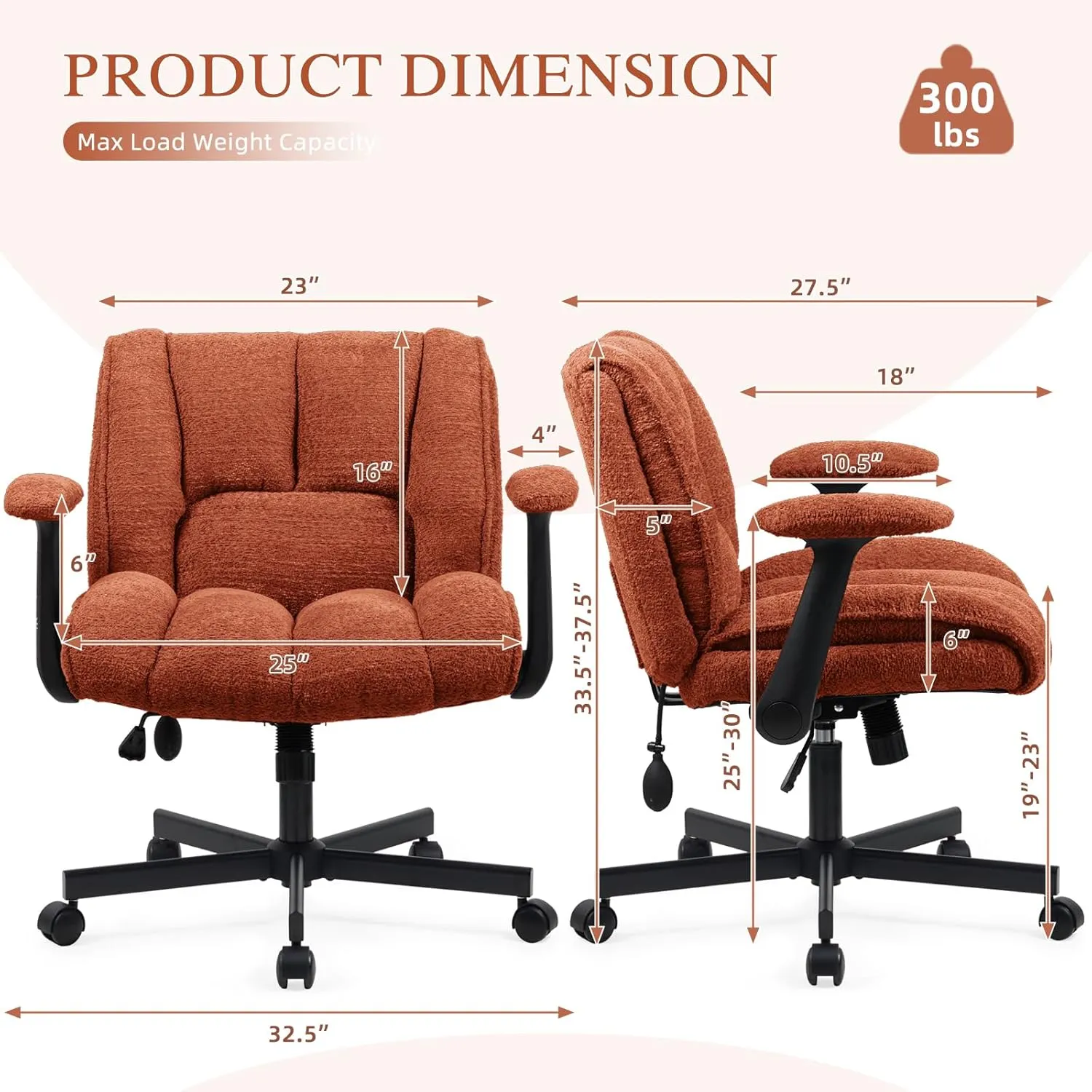 Criss Cross Legged Office Chair with Flip-Up Arms and Wheels, Wide Seat Desk Chair with Built-In Dynamic Airbag Lumbar Support, Modern Cross-Leg Chair for Home Office, Apartment, Vanity, Orange