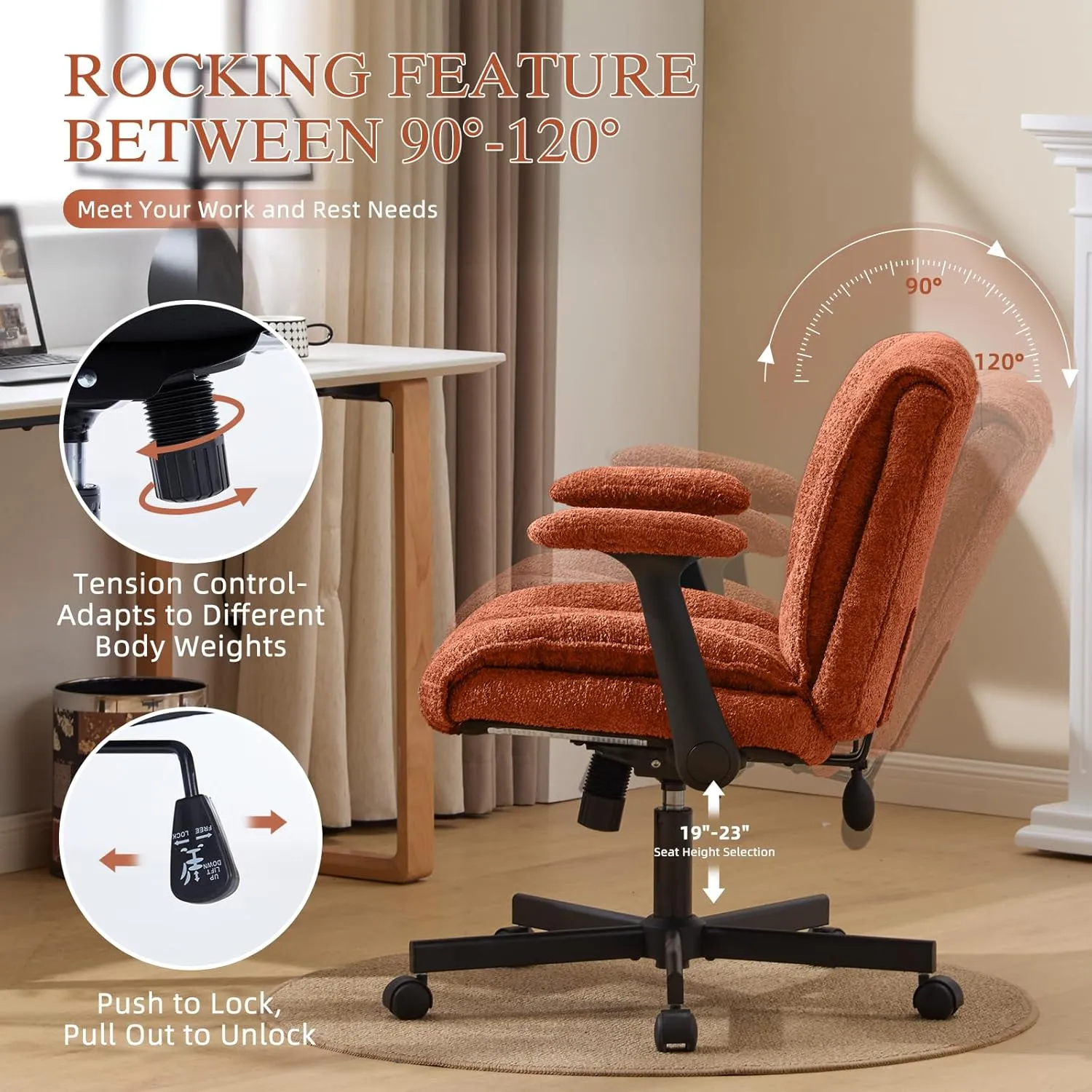 Criss Cross Legged Office Chair with Flip-Up Arms and Wheels, Wide Seat Desk Chair with Built-In Dynamic Airbag Lumbar Support, Modern Cross-Leg Chair for Home Office, Apartment, Vanity, Orange
