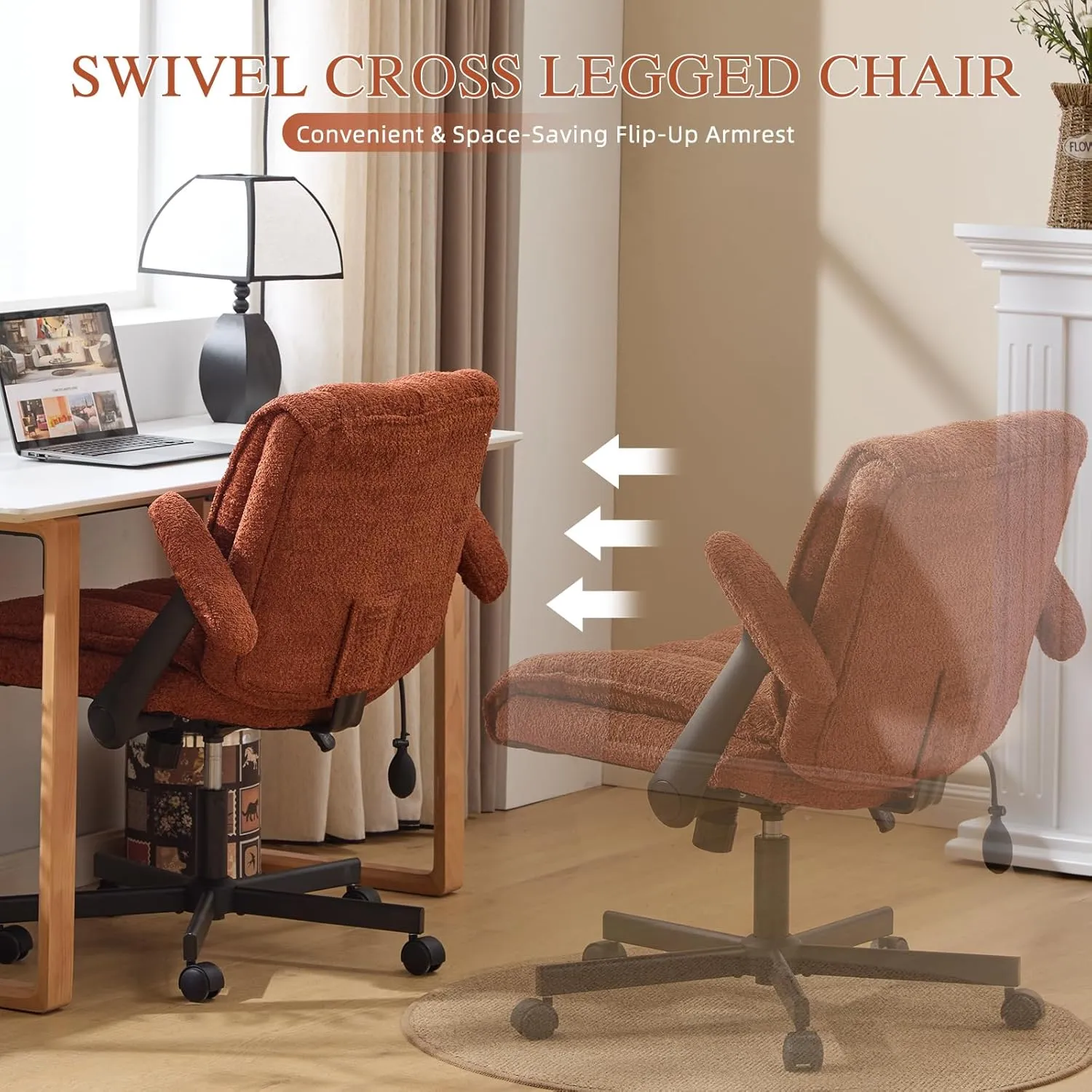 Criss Cross Legged Office Chair with Flip-Up Arms and Wheels, Wide Seat Desk Chair with Built-In Dynamic Airbag Lumbar Support, Modern Cross-Leg Chair for Home Office, Apartment, Vanity, Orange