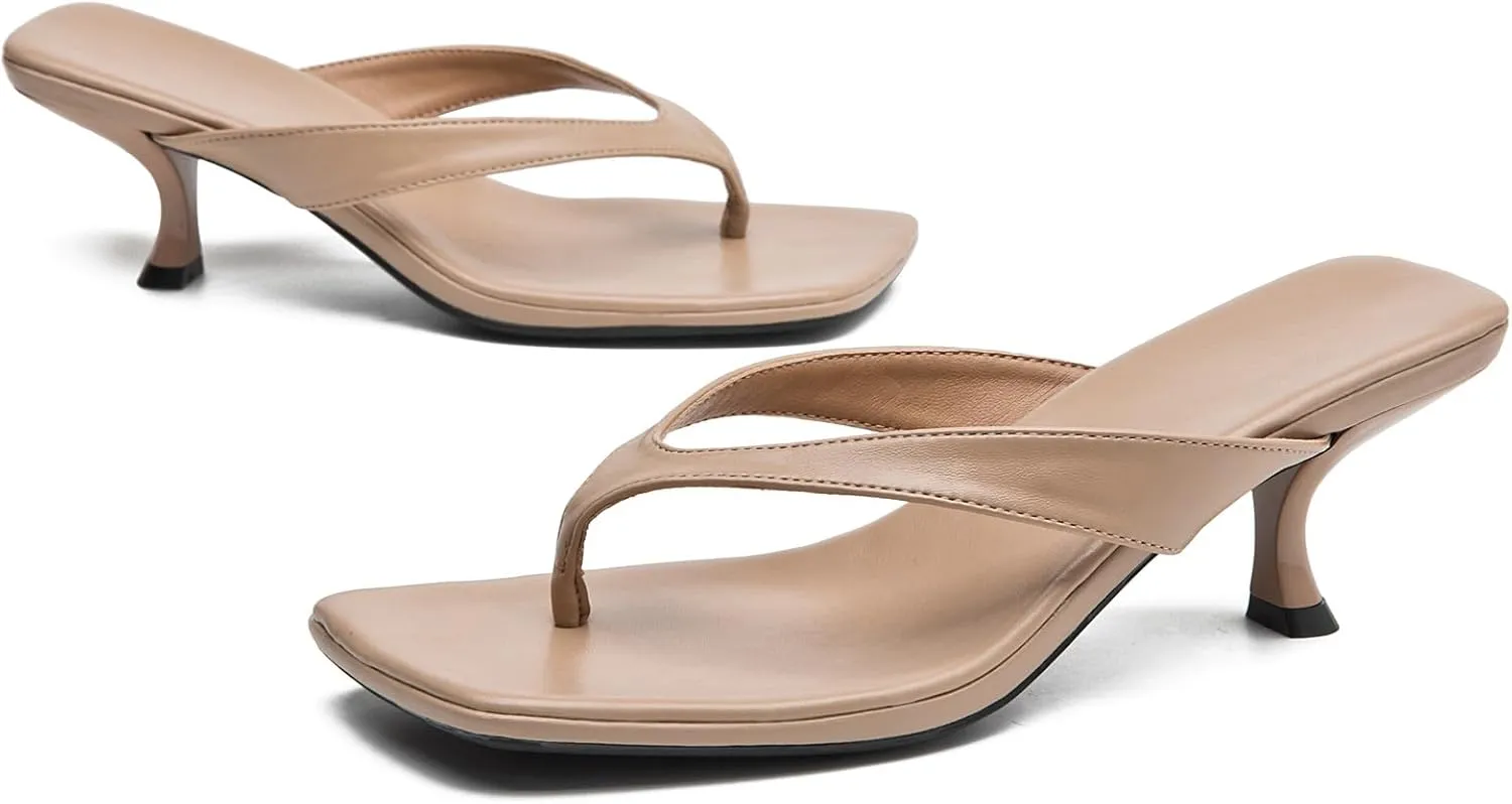DADAWEN Women's Kitten Heels Thong Sandals Square Open Toe Flip Flop Heels Slip On Fashion Summer Dressy Party Wedding Pumps Heeled Sandals