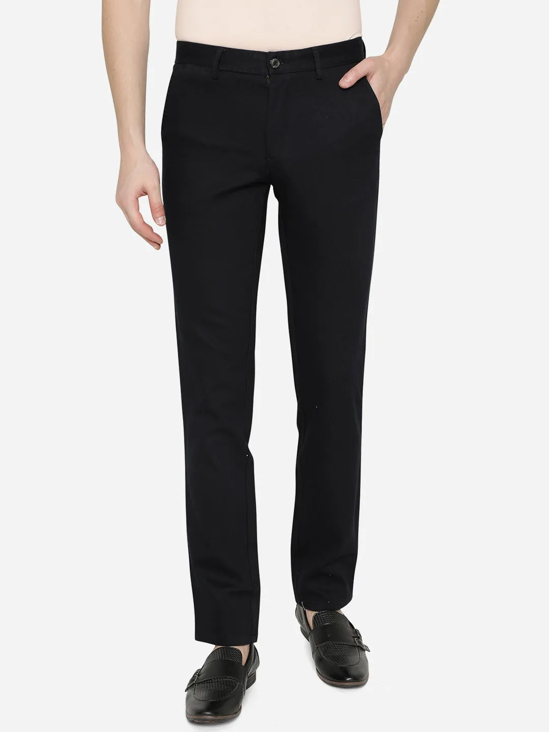 Dark Blue Solid Uno Fit Casual Trouser | JadeBlue