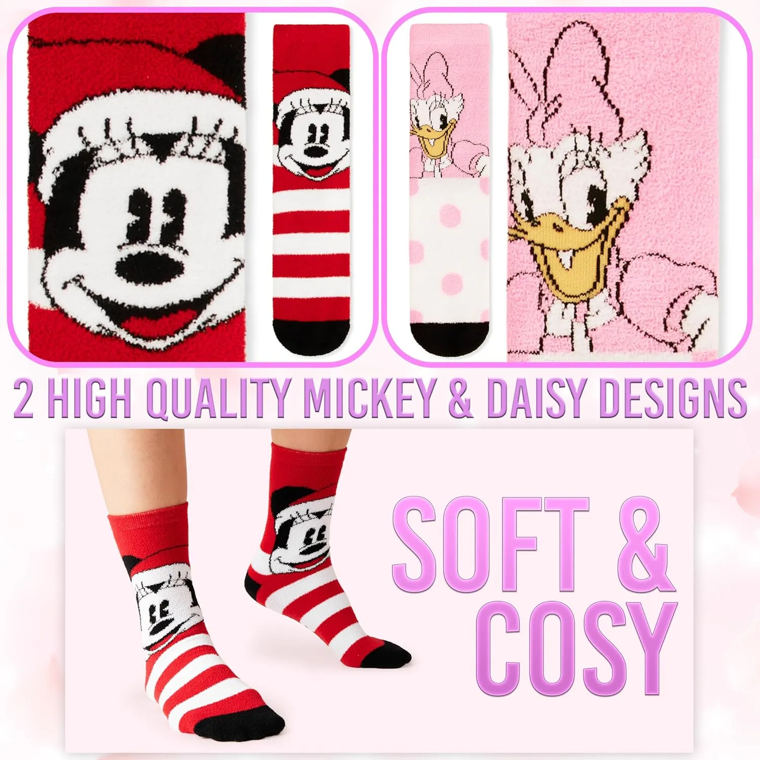 Disney Stitch Slippers Socks Women 2 Pack Fluffy Socks Non Slip Fleece Bed Socks Stitch Minnie Mickey Mouse Baby Yoda