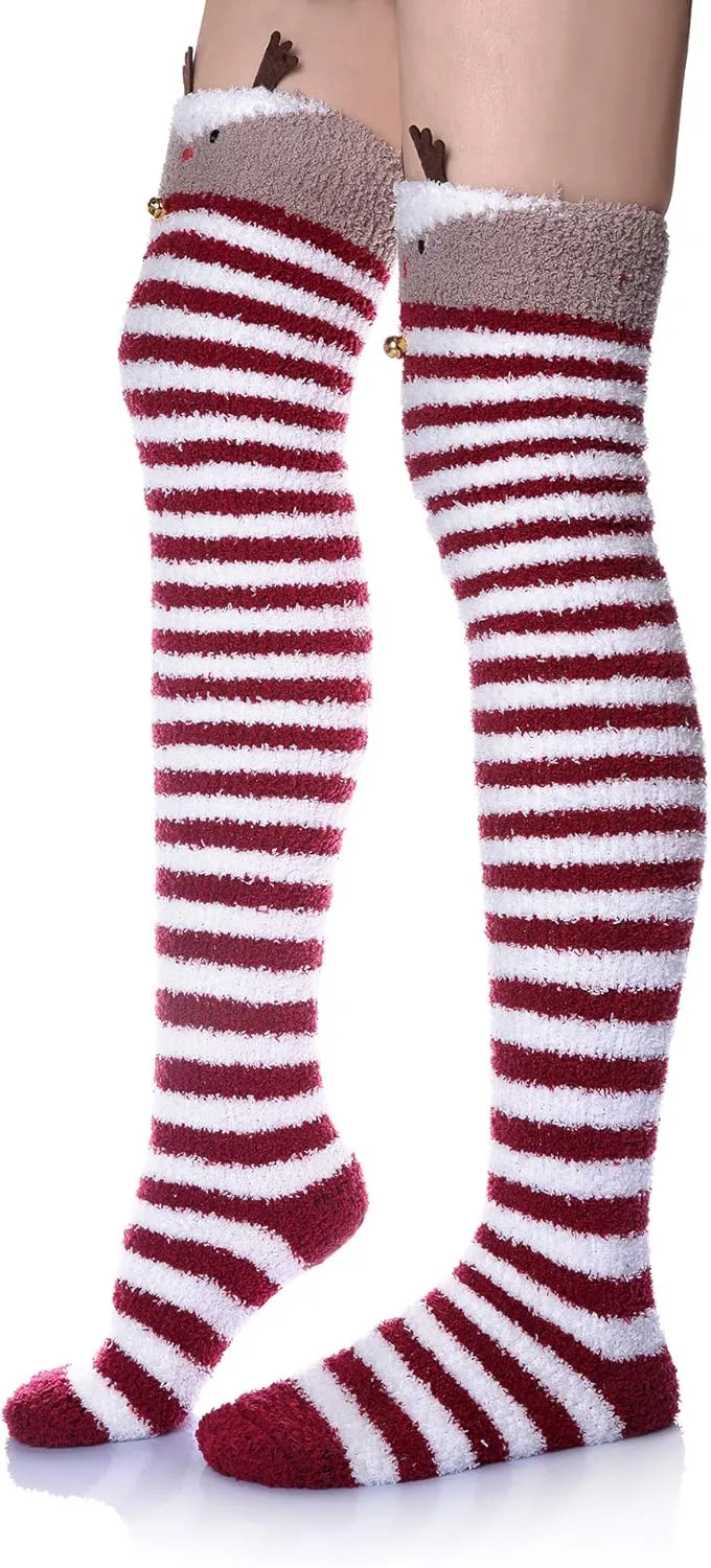 DoSmart Womens Over Knee High Fuzzy Socks Soft Warm Thigh High Striped Stockings Cozy Slipper Fleece Winter Long Socks